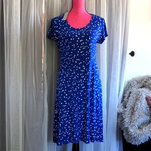 NWT Stretchy Fit Flare Polka Dot Dress Sz L / XL Arianna by Howard's Blue White
